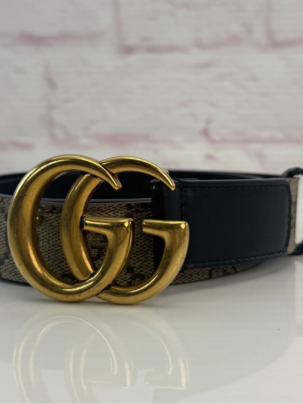 Authentic Gucci Marmont GG Double G Khaki Black Belt 625839 80/32